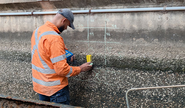 Covermeter non-destructive testing for rebar depth and cover assessment
