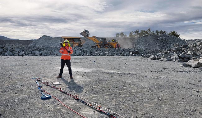 Seismic geophysical survey equipment set up at a mining site
